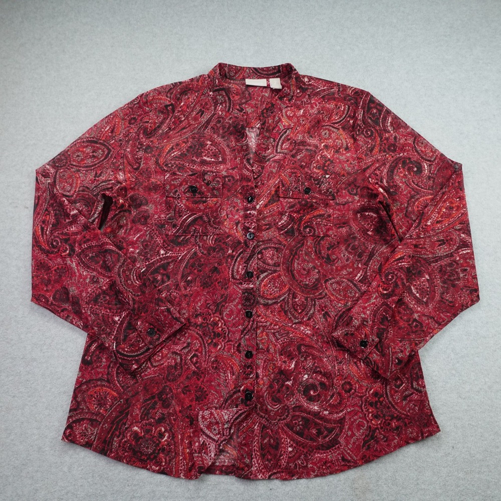 Chico's Blouse Womens 2 Red Paisley Bohemian Button Down Sheer Shirt